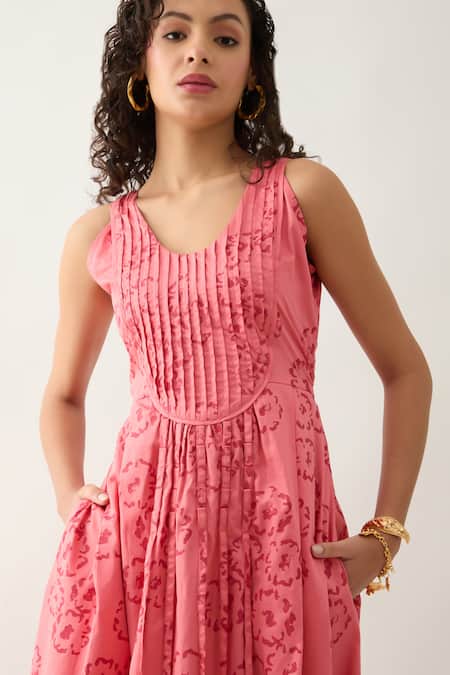 Son Of A Noble Snob Pink Cotton Satin Round Neck Naru Salmon Midi Dress at Aza Fashions Son Of A Noble Snob_Pink Cotton Satin Round Neck Naru Salmon Midi Dress _at_Aza_Fashions