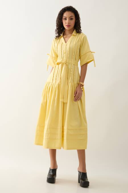 Son Of A Noble Snob Yellow Cotton Satin Collared Lemon Fit And Midi Dress Online at Aza Fashions Son Of A Noble Snob_Yellow Cotton Satin Collared Lemon Fit And Midi Dress _Online_at_Aza_Fashions