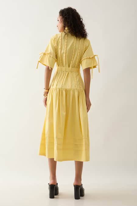 Shop Son Of A Noble Snob Yellow Cotton Satin Collared Lemon Fit And Midi Dress at Aza Fashions Shop_Son Of A Noble Snob_Yellow Cotton Satin Collared Lemon Fit And Midi Dress _at_Aza_Fashions