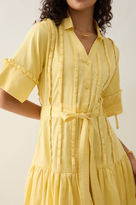 Son Of A Noble Snob Yellow Cotton Satin Collared Lemon Fit And Midi Dress at Aza Fashions Son Of A Noble Snob_Yellow Cotton Satin Collared Lemon Fit And Midi Dress _at_Aza_Fashions
