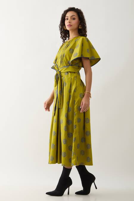 Buy Son Of A Noble Snob Green Cotton Satin Round Neck Leaf Floret Print Midi Dress Online at Aza Fashions Buy_Son Of A Noble Snob_Green Cotton Satin Round Neck Leaf Floret Print Midi Dress _Online_at_Aza_Fashions