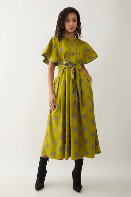 Son of A Noble Snob Green Cotton Satin Round Neck Leaf Floret Print Midi Dress 