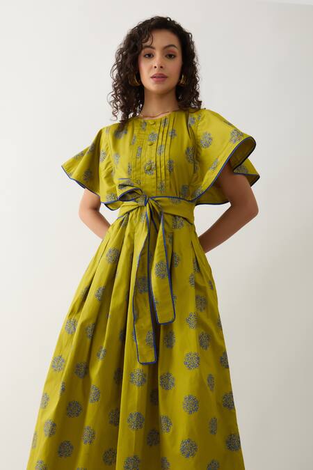 Buy Son Of A Noble Snob Green Cotton Satin Round Neck Leaf Floret Print Midi Dress Buy_Son Of A Noble Snob_Green Cotton Satin Round Neck Leaf Floret Print Midi Dress