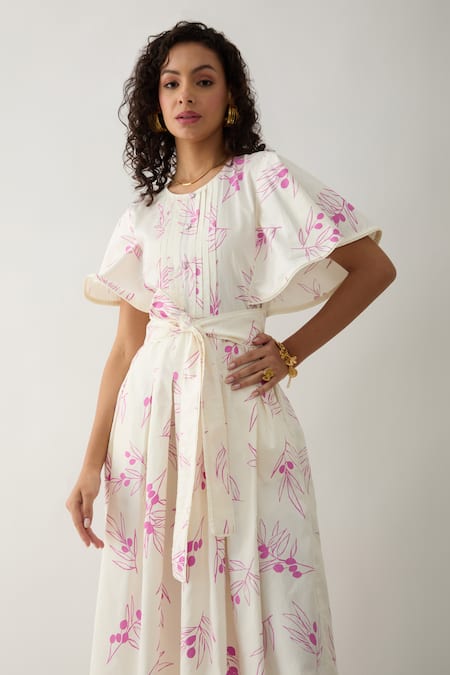 Son Of A Noble Snob Off White Cotton Satin Round Neck Grape Print Fit And Flare Midi Dress Online at Aza Fashions Son Of A Noble Snob_Off White Cotton Satin Round Neck Grape Print Fit And Flare Midi Dress _Online_at_Aza_Fashions