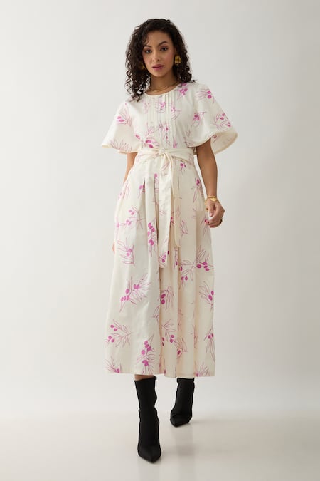 Shop Son Of A Noble Snob Off White Cotton Satin Round Neck Grape Print Fit And Flare Midi Dress Online at Aza Fashions Shop_Son Of A Noble Snob_Off White Cotton Satin Round Neck Grape Print Fit And Flare Midi Dress _Online_at_Aza_Fashions