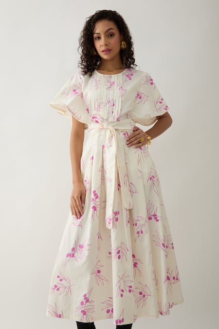 Son Of A Noble Snob Off White Cotton Satin Round Neck Grape Print Fit And Flare Midi Dress at Aza Fashions Son Of A Noble Snob_Off White Cotton Satin Round Neck Grape Print Fit And Flare Midi Dress _at_Aza_Fashions