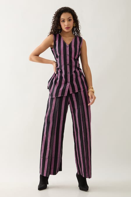 Son of A Noble Snob Black Cotton Satin V-neck Noir Catkin Print Pant Set 