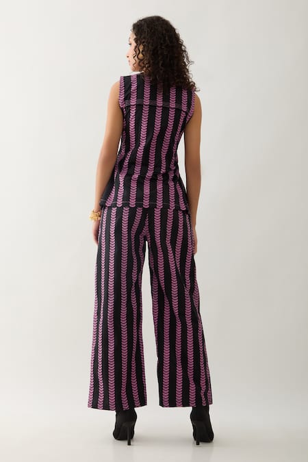 Shop Son Of A Noble Snob Black Cotton Satin V-neck Noir Catkin Print Pant Set at Aza Fashions Shop_Son Of A Noble Snob_Black Cotton Satin V-neck Noir Catkin Print Pant Set _at_Aza_Fashions