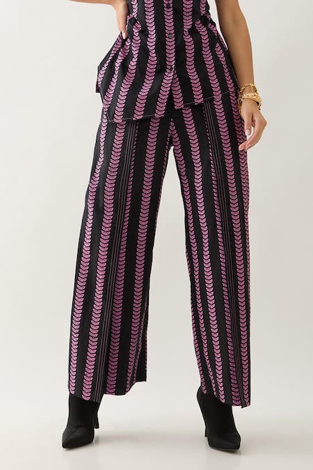 Shop Son Of A Noble Snob Black Cotton Satin V-neck Noir Catkin Print Pant Set Online at Aza Fashions Shop_Son Of A Noble Snob_Black Cotton Satin V-neck Noir Catkin Print Pant Set _Online_at_Aza_Fashions