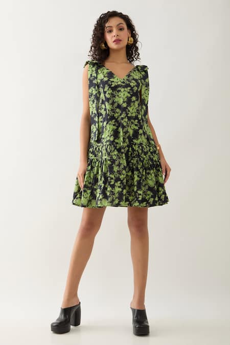 Son of A Noble Snob Black Cotton Satin V-neck Nubra Glow Print Sleeveless Dress 