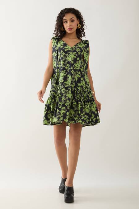 Son Of A Noble Snob Black Cotton Satin V-neck Nubra Glow Print Sleeveless Dress Online at Aza Fashions Son Of A Noble Snob_Black Cotton Satin V-neck Nubra Glow Print Sleeveless Dress _Online_at_Aza_Fashions