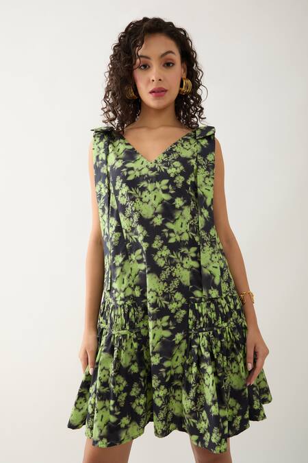Shop Son Of A Noble Snob Black Cotton Satin V-neck Nubra Glow Print Sleeveless Dress Online at Aza Fashions Shop_Son Of A Noble Snob_Black Cotton Satin V-neck Nubra Glow Print Sleeveless Dress _Online_at_Aza_Fashions