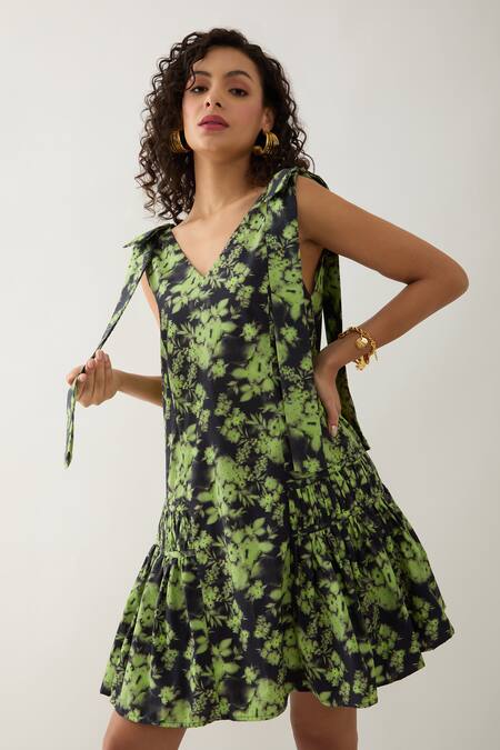 Son Of A Noble Snob Black Cotton Satin V-neck Nubra Glow Print Sleeveless Dress at Aza Fashions Son Of A Noble Snob_Black Cotton Satin V-neck Nubra Glow Print Sleeveless Dress _at_Aza_Fashions