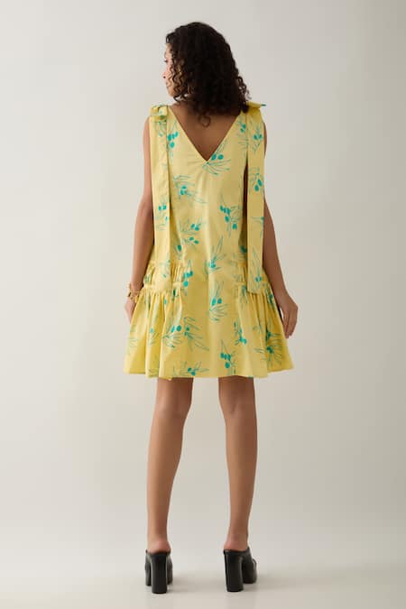 Shop Son Of A Noble Snob Yellow Cotton Satin V-neck Lemon Grape Print Dress at Aza Fashions Shop_Son Of A Noble Snob_Yellow Cotton Satin V-neck Lemon Grape Print Dress _at_Aza_Fashions
