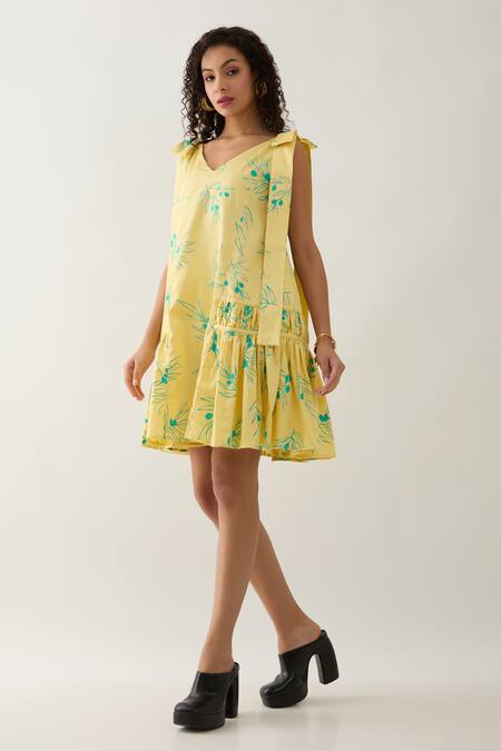 Son Of A Noble Snob Yellow Cotton Satin V-neck Lemon Grape Print Dress Online at Aza Fashions Son Of A Noble Snob_Yellow Cotton Satin V-neck Lemon Grape Print Dress _Online_at_Aza_Fashions
