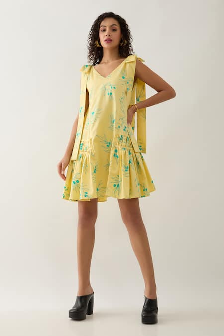 Son of A Noble Snob Yellow Cotton Satin V-neck Lemon Grape Print Dress 