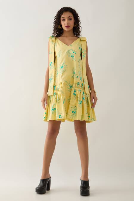 Shop Son Of A Noble Snob Yellow Cotton Satin V-neck Lemon Grape Print Dress Online at Aza Fashions Shop_Son Of A Noble Snob_Yellow Cotton Satin V-neck Lemon Grape Print Dress _Online_at_Aza_Fashions