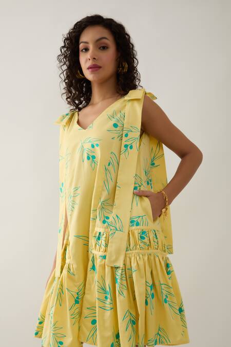 Buy Son Of A Noble Snob Yellow Cotton Satin V-neck Lemon Grape Print Dress Buy_Son Of A Noble Snob_Yellow Cotton Satin V-neck Lemon Grape Print Dress