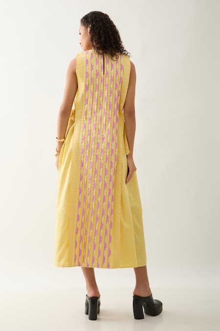 Shop Son Of A Noble Snob Yellow Cotton Satin Round Neck Oscar Sleeveless Midi Dress at Aza Fashions Shop_Son Of A Noble Snob_Yellow Cotton Satin Round Neck Oscar Sleeveless Midi Dress _at_Aza_Fashions