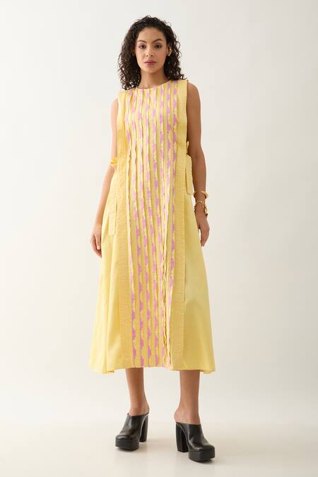 Shop Son Of A Noble Snob Yellow Cotton Satin Round Neck Oscar Sleeveless Midi Dress Online at Aza Fashions Shop_Son Of A Noble Snob_Yellow Cotton Satin Round Neck Oscar Sleeveless Midi Dress _Online_at_Aza_Fashions