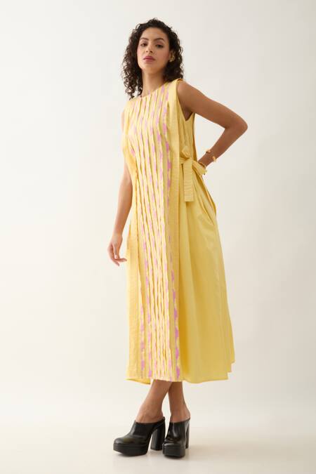 Son Of A Noble Snob Yellow Cotton Satin Round Neck Oscar Sleeveless Midi Dress at Aza Fashions Son Of A Noble Snob_Yellow Cotton Satin Round Neck Oscar Sleeveless Midi Dress _at_Aza_Fashions