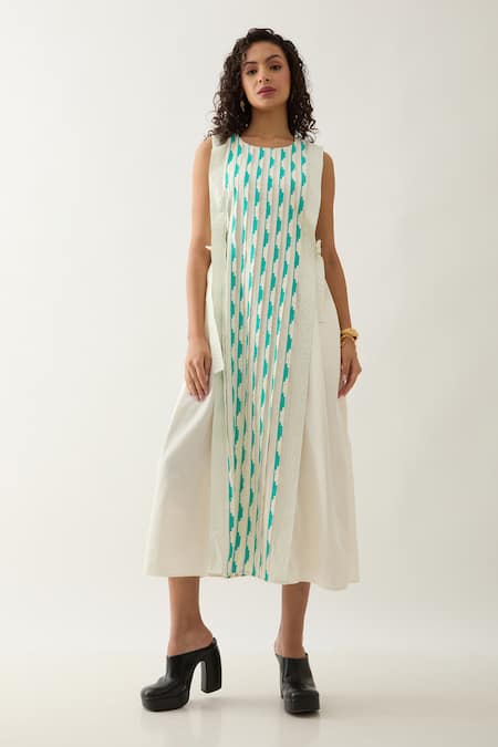Son of A Noble Snob Off White Cotton Satin Round Neck Oscar Sleeveless Dress 