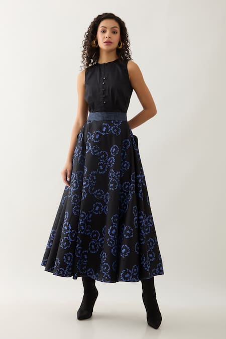 Son of A Noble Snob Black Cotton Satin Anther Print Long Skirt 