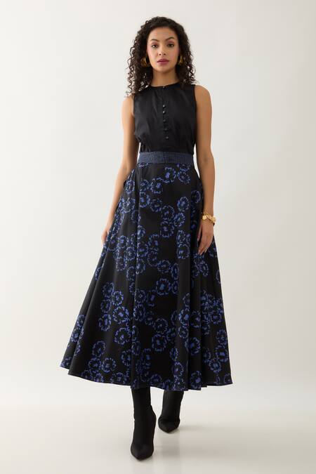 Son Of A Noble Snob_Black Cotton Satin Anther Print Long Skirt _Online_at_Aza_Fashions