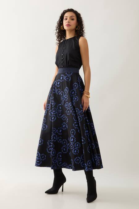 Buy_Son Of A Noble Snob_Black Cotton Satin Anther Print Long Skirt _Online_at_Aza_Fashions