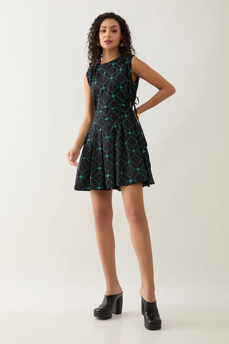 Son of A Noble Snob Black Cotton Satin Round Neck Raven Regal Print Dress 