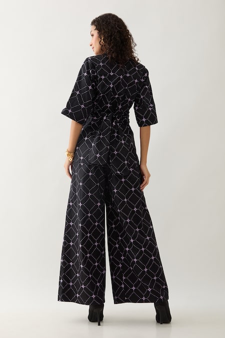 Shop Son Of A Noble Snob Black Cotton Satin Collared Barbed Print Rene Co-ord Set at Aza Fashions Shop_Son Of A Noble Snob_Black Cotton Satin Collared Barbed Print Rene Co-ord Set _at_Aza_Fashions