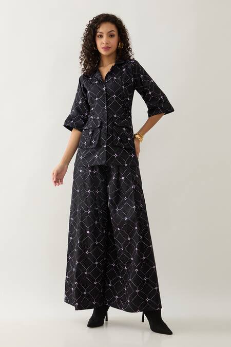 Son Of A Noble Snob Black Cotton Satin Collared Barbed Print Rene Co-ord Set Online at Aza Fashions Son Of A Noble Snob_Black Cotton Satin Collared Barbed Print Rene Co-ord Set _Online_at_Aza_Fashions