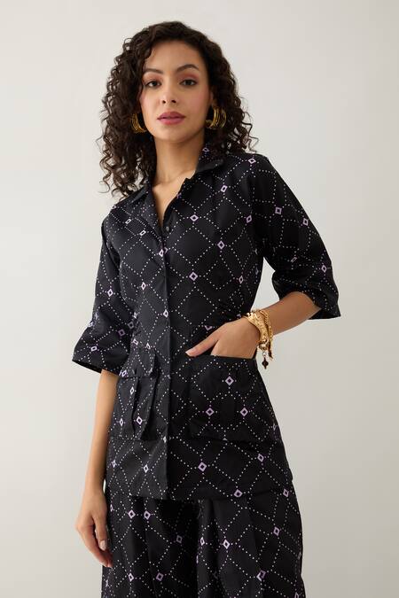 Shop Son Of A Noble Snob Black Cotton Satin Collared Barbed Print Rene Co-ord Set Online at Aza Fashions Shop_Son Of A Noble Snob_Black Cotton Satin Collared Barbed Print Rene Co-ord Set _Online_at_Aza_Fashions