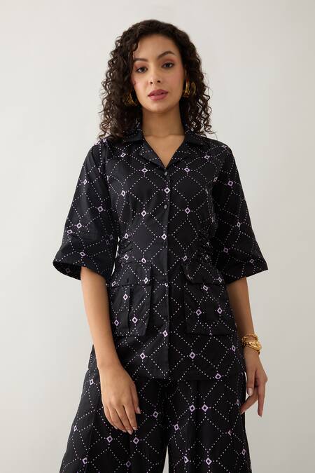 Son Of A Noble Snob Black Cotton Satin Collared Barbed Print Rene Co-ord Set at Aza Fashions Son Of A Noble Snob_Black Cotton Satin Collared Barbed Print Rene Co-ord Set _at_Aza_Fashions