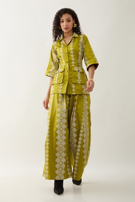 Son of A Noble Snob Green Cotton Satin Collared Leaf Barbed Print Rene Set 