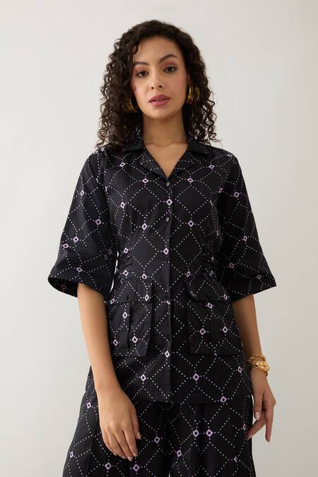 Shop Son Of A Noble Snob Black Cotton Satin Collared Barbed Print Relaxed Fit Shirt Online at Aza Fashions Shop_Son Of A Noble Snob_Black Cotton Satin Collared Barbed Print Relaxed Fit Shirt _Online_at_Aza_Fashions