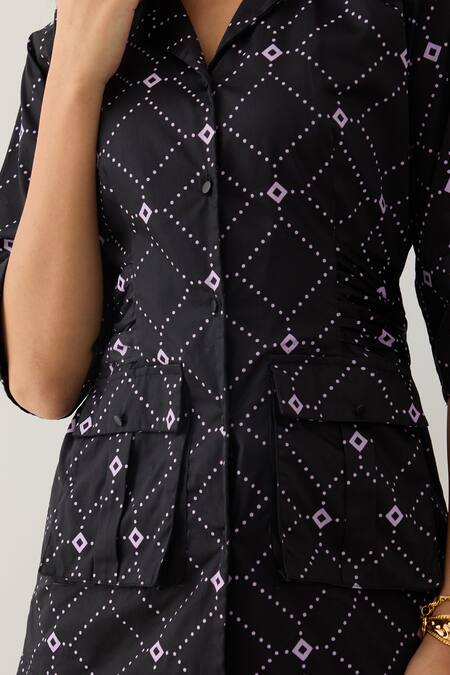 Buy Son Of A Noble Snob Black Cotton Satin Collared Barbed Print Relaxed Fit Shirt Buy_Son Of A Noble Snob_Black Cotton Satin Collared Barbed Print Relaxed Fit Shirt