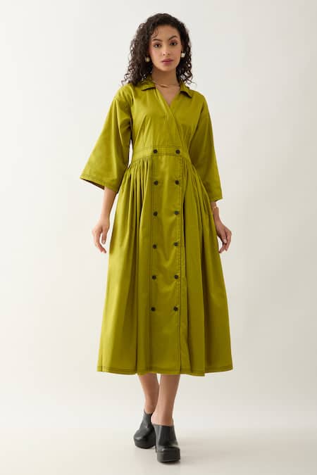 Son Of A Noble Snob_Green Cotton Satin Collared Leaf Double-breasted Midi Dress _Online_at_Aza_Fashions