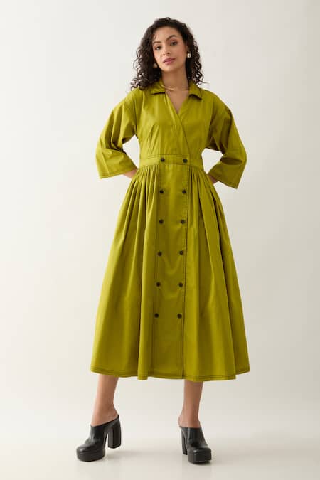 Son of A Noble Snob Green Cotton Satin Collared Leaf Double-breasted Midi Dress 