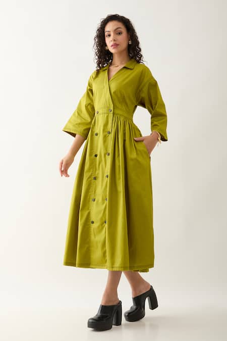 Son Of A Noble Snob_Green Cotton Satin Collared Leaf Double-breasted Midi Dress _at_Aza_Fashions