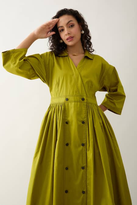 Buy_Son Of A Noble Snob_Green Cotton Satin Collared Leaf Double-breasted Midi Dress 