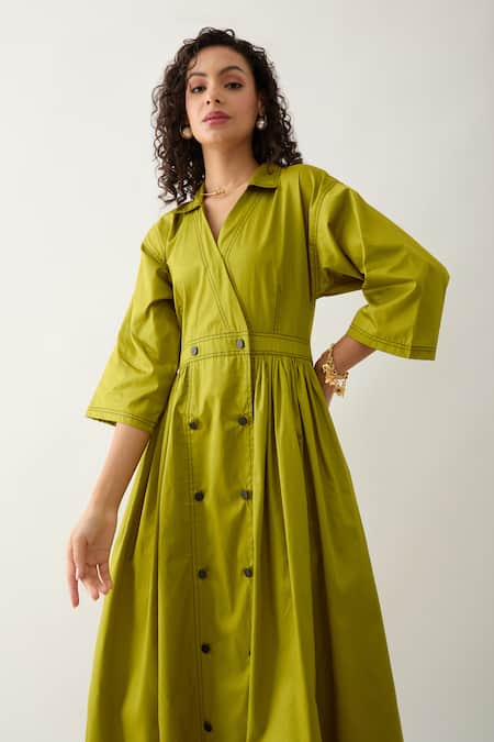 Shop_Son Of A Noble Snob_Green Cotton Satin Collared Leaf Double-breasted Midi Dress 