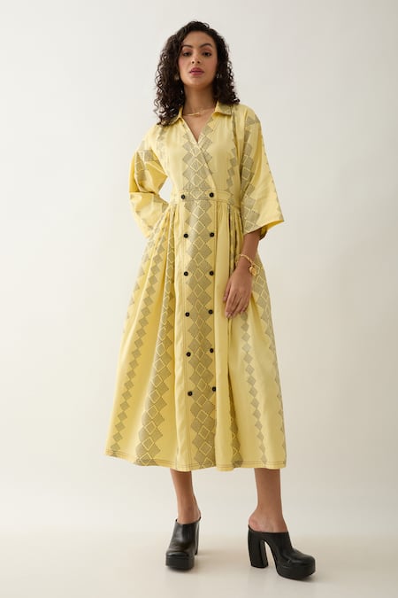 Son of A Noble Snob Yellow Cotton Satin Collared Lemon Midi Dress 