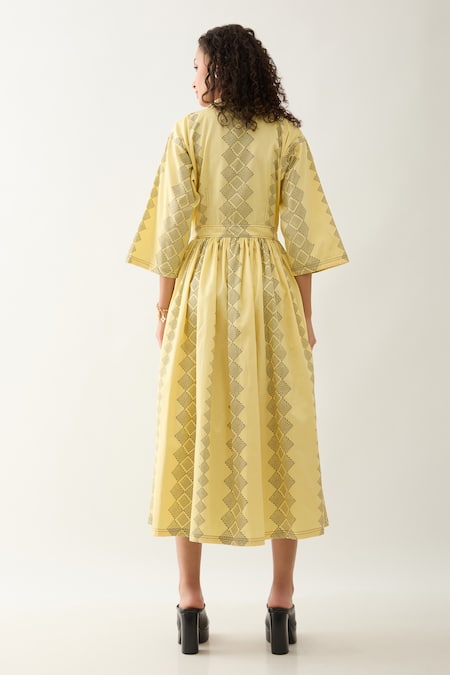 Shop Son Of A Noble Snob Yellow Cotton Satin Collared Lemon Midi Dress at Aza Fashions Shop_Son Of A Noble Snob_Yellow Cotton Satin Collared Lemon Midi Dress _at_Aza_Fashions