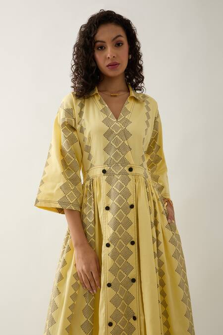 Buy Son Of A Noble Snob Yellow Cotton Satin Collared Lemon Midi Dress Buy_Son Of A Noble Snob_Yellow Cotton Satin Collared Lemon Midi Dress