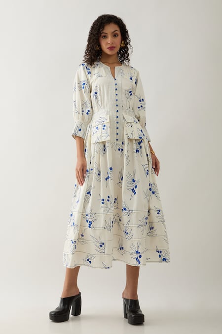 Son of A Noble Snob Off White Cotton Satin Open Neck Grape Print Midi Dress 