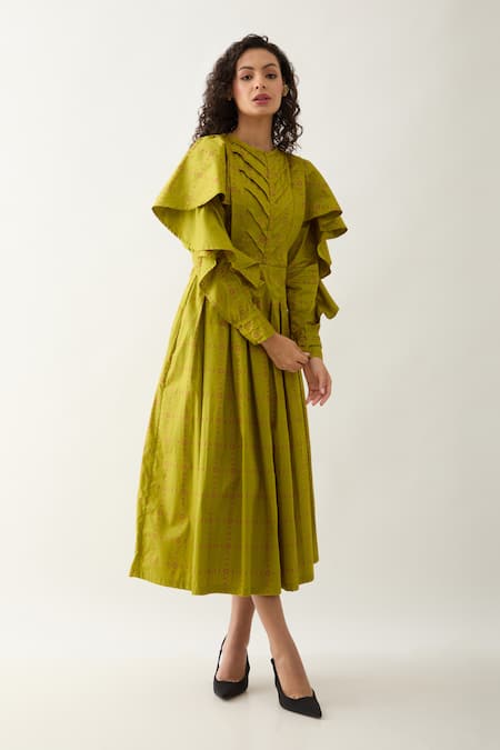 Son Of A Noble Snob_Green Cotton Satin Round Neck Leaf Regal Print Midi Dress _Online_at_Aza_Fashions