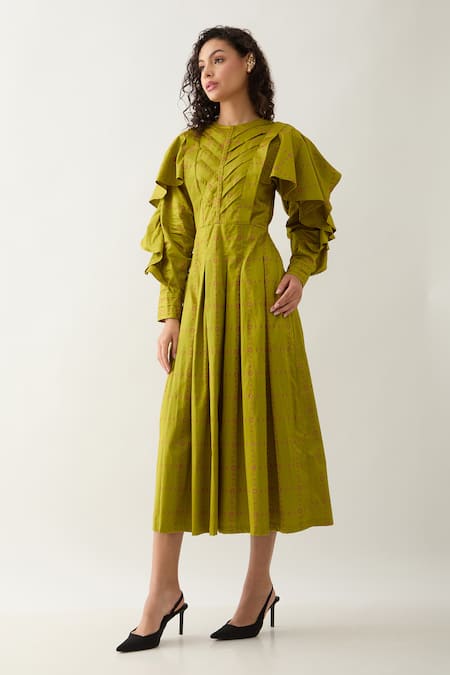 Buy_Son Of A Noble Snob_Green Cotton Satin Round Neck Leaf Regal Print Midi Dress _Online_at_Aza_Fashions