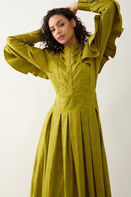 Shop_Son Of A Noble Snob_Green Cotton Satin Round Neck Leaf Regal Print Midi Dress _Online_at_Aza_Fashions