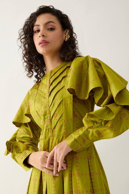 Son Of A Noble Snob_Green Cotton Satin Round Neck Leaf Regal Print Midi Dress _at_Aza_Fashions